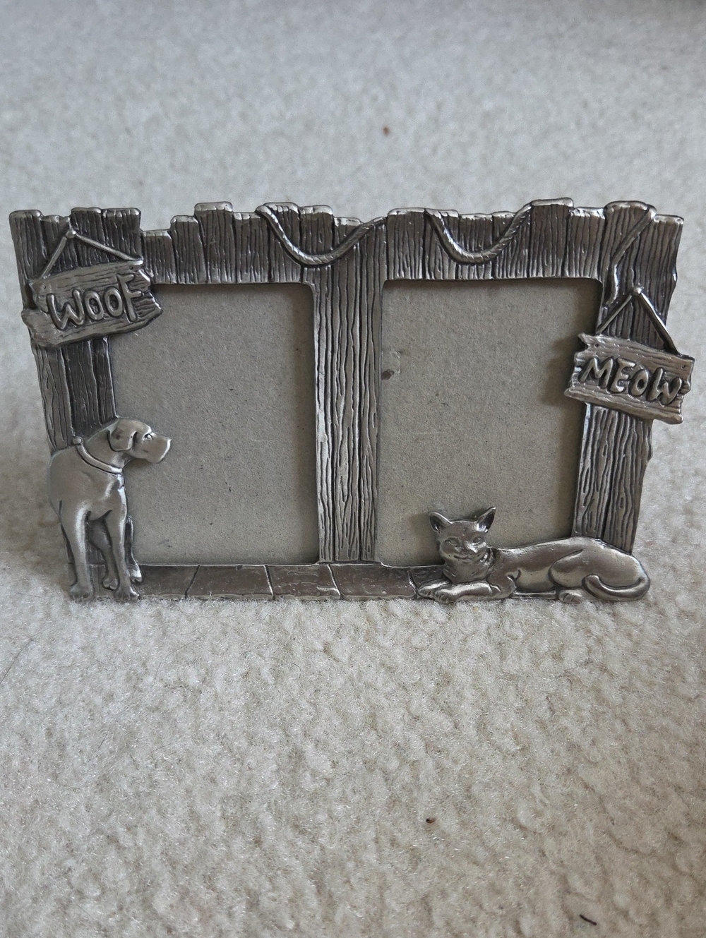 Vintage Pewter Dog & Cat Double Photo Frame - Woof Meow